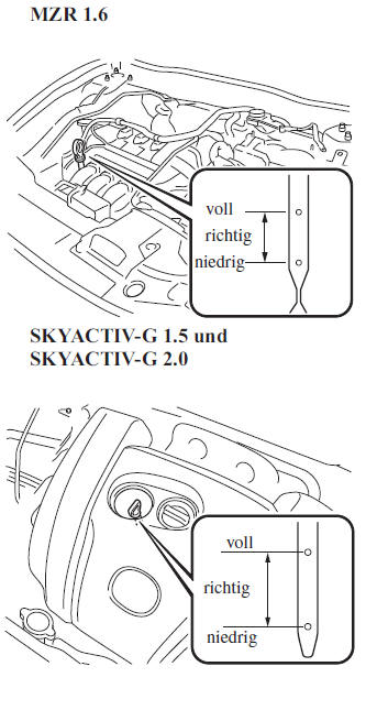 Mazda3. Kontrolle des Ölstandes