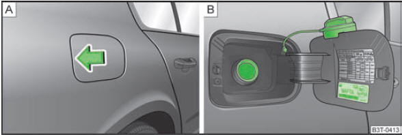 Abb. 132 Fahrzeugseite hinten rechts: Tankklappe öffnen / Tankklappe mit abgeschraubtem