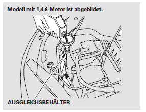 6. Den Ausgleichsbehälter mit Kühlmittel